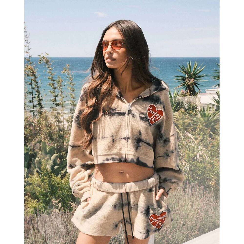 NEW BOYS LIE alex zip-up cropped hoodie in brown multi